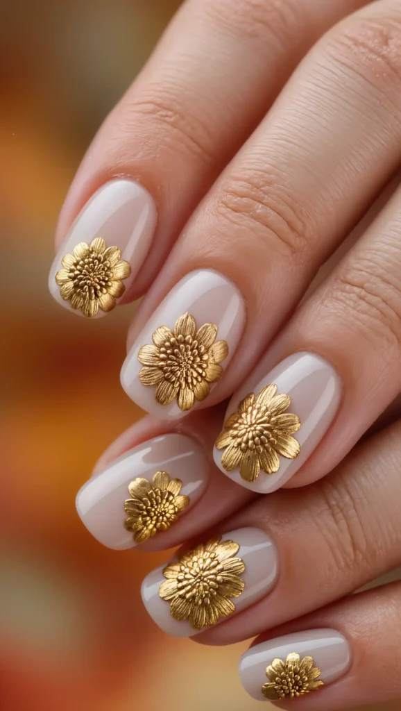 24 Fall Flower Nail Art Ideas 2026: Elegant Floral Manicures Inspired by Autumn Blooms 3 Golden Chrysanthemum Nails