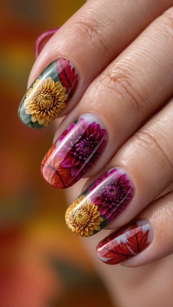 24 Fall Flower Nail Art Ideas 2026: Elegant Floral Manicures Inspired by Autumn Blooms 25 Harvest Bloom Mosaic