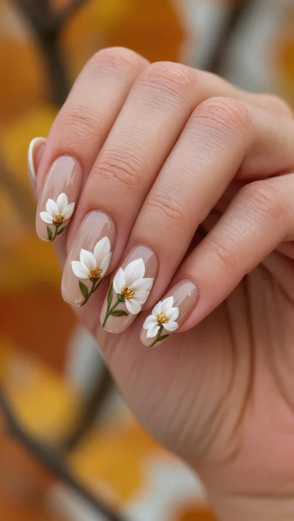 24 Fall Flower Nail Art Ideas 2026: Elegant Floral Manicures Inspired by Autumn Blooms 7 Ivory Magnolia Accents