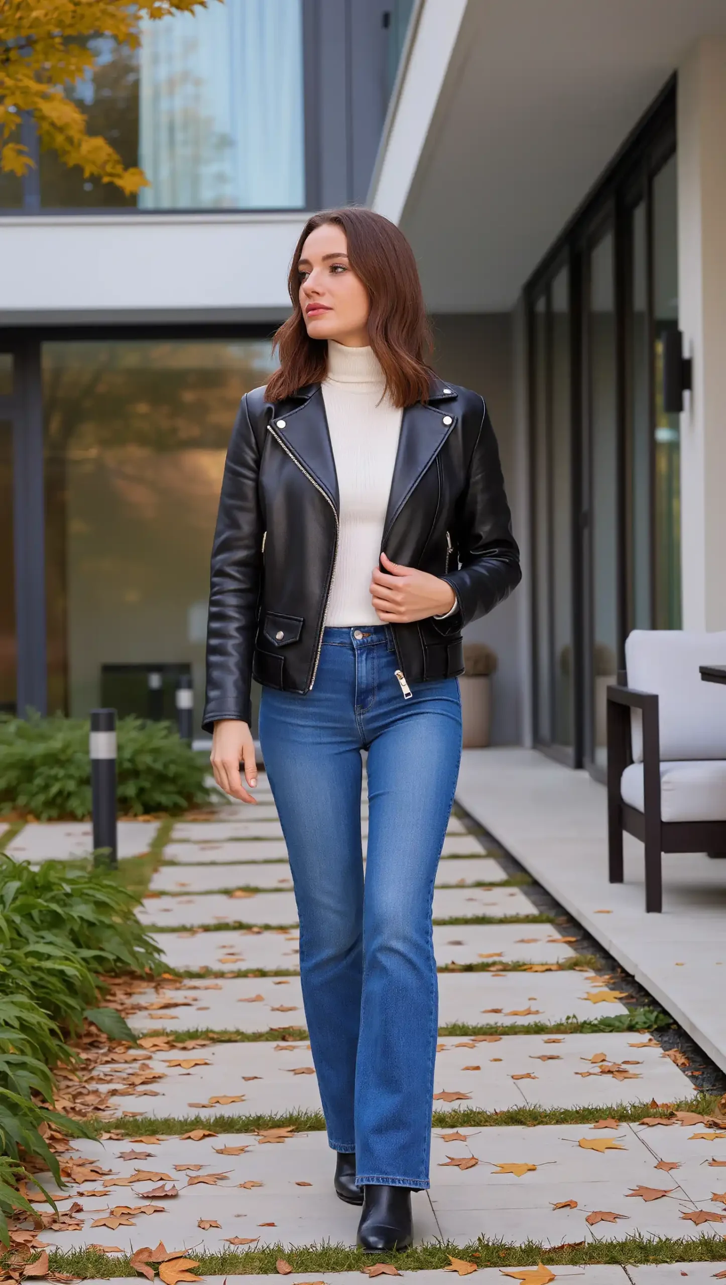 Leather Jacket & Soft Turtleneck