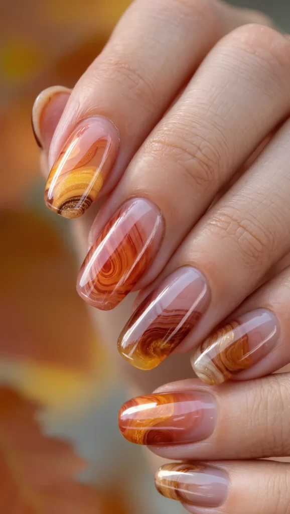 25 Fall Swirl Nail Ideas 2026: Artistic Manicures with a Cozy Autumn Twist 3 Maple Sunset Waves