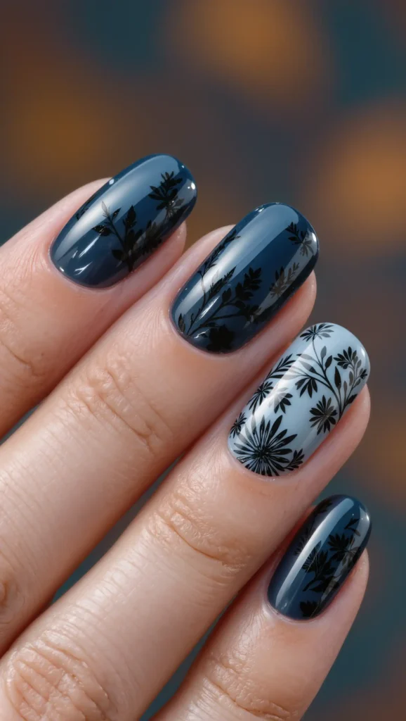 24 Fall Flower Nail Art Ideas 2026: Elegant Floral Manicures Inspired by Autumn Blooms 24 Midnight Bloom Silhouettes