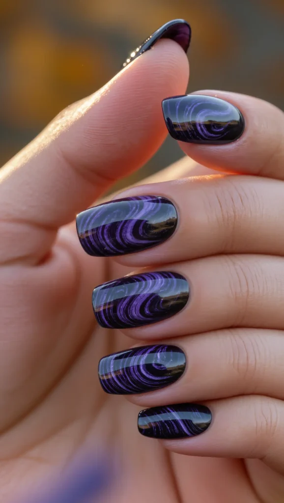 25 Fall Swirl Nail Ideas 2026: Artistic Manicures with a Cozy Autumn Twist 14 Midnight Indigo Swirls