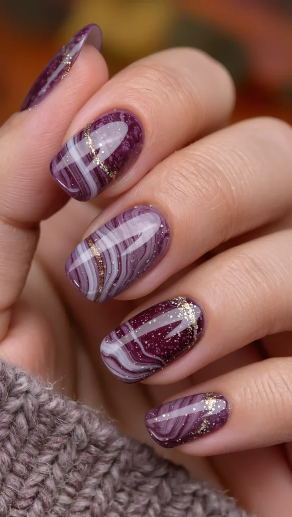 24 Fall Marble Nail Art Ideas 2026: Elegant Stone-Inspired Manicures You'll Love 23 Mulberry Granite Swirls
