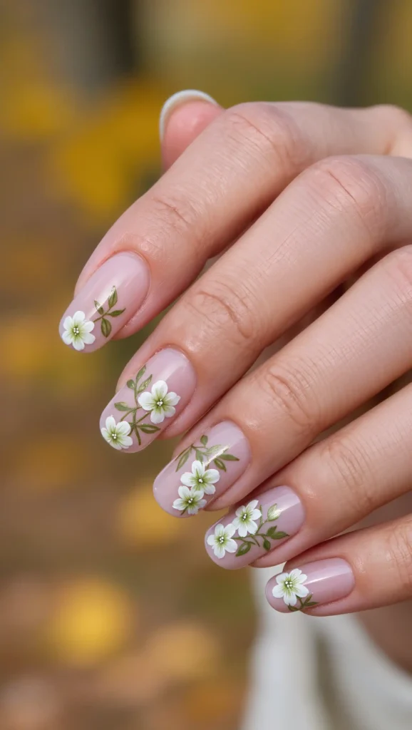 24 Fall Flower Nail Art Ideas 2026: Elegant Floral Manicures Inspired by Autumn Blooms 18 Olive Branch Blossoms