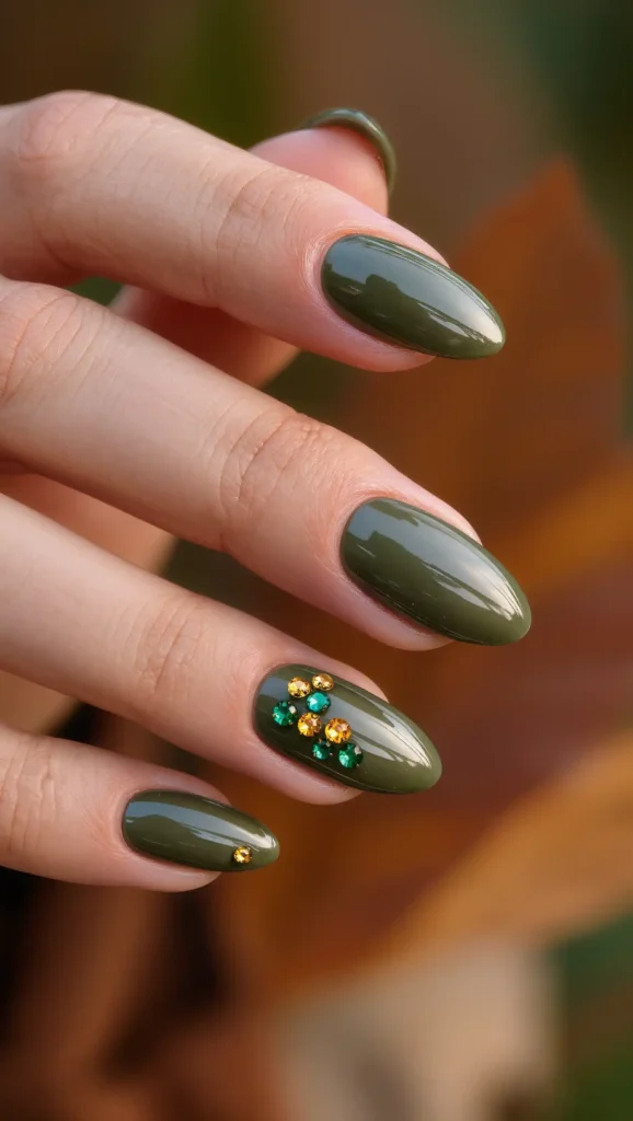 Olive Jewel Accent Nails