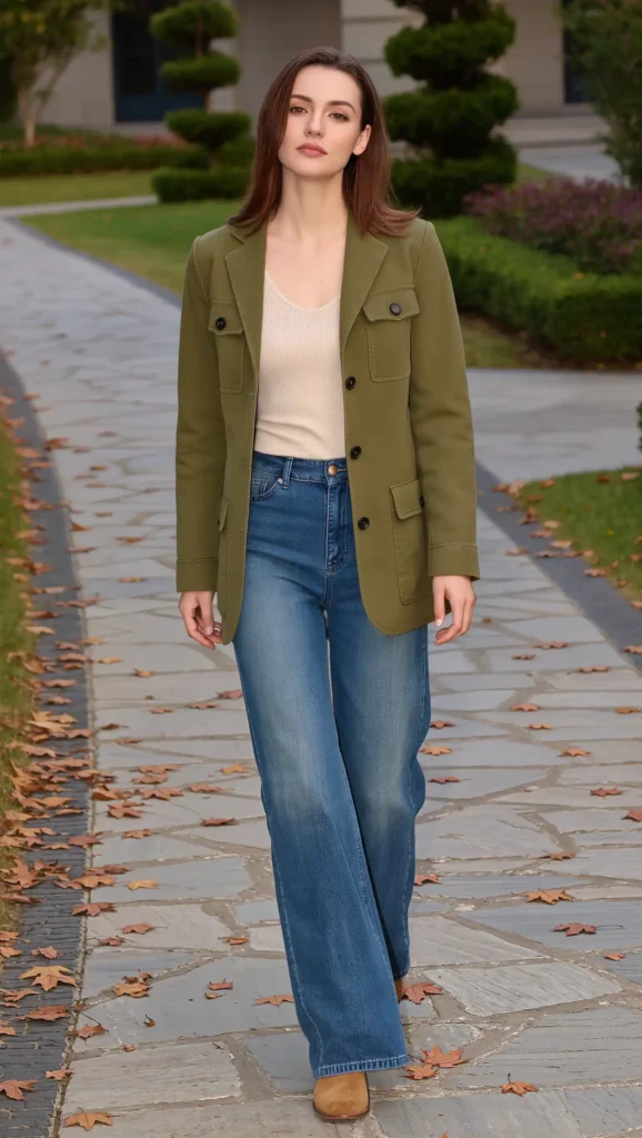 Olive Utility Jacket & Wide-Leg Jeans