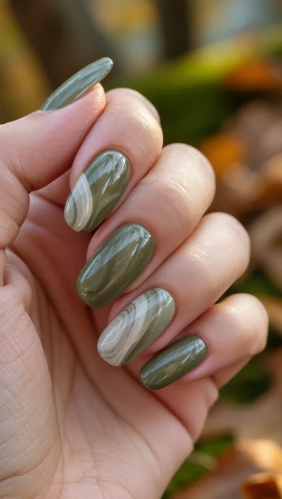 25 Fall Swirl Nail Ideas 2026: Artistic Manicures with a Cozy Autumn Twist 5 Olive Woodland Swirls