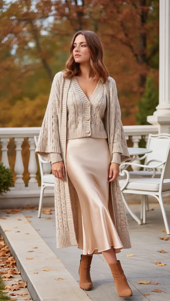 Oversized Cardigan & Satin Slip Skirt