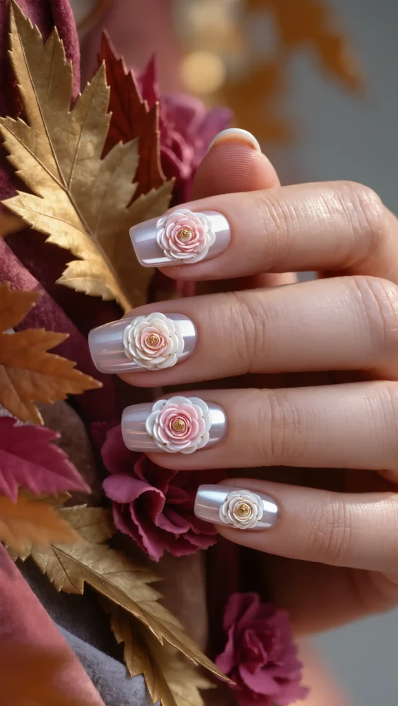 24 Fall Flower Nail Art Ideas 2026: Elegant Floral Manicures Inspired by Autumn Blooms 22 Pearl Camellia Nails