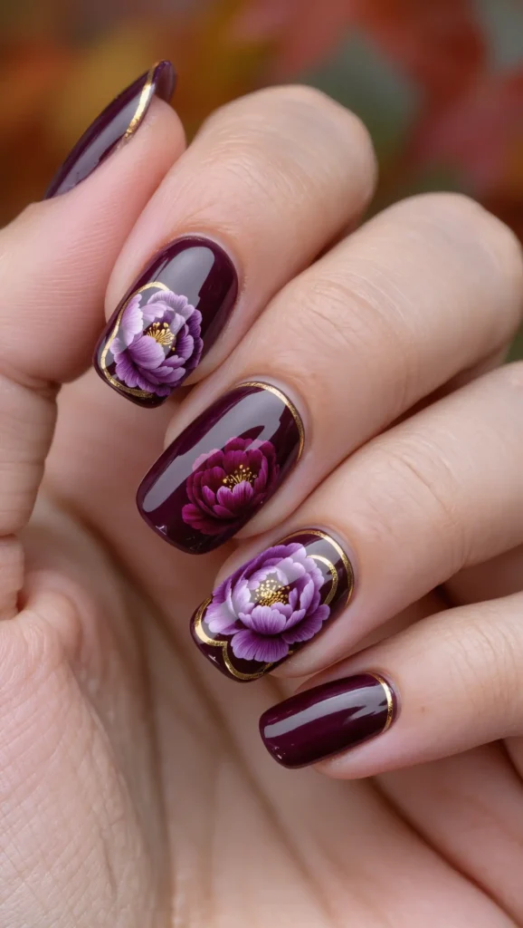 24 Fall Flower Nail Art Ideas 2026: Elegant Floral Manicures Inspired by Autumn Blooms 9 Plum Peony Nails
