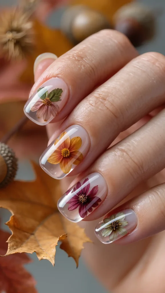 24 Fall Flower Nail Art Ideas 2026: Elegant Floral Manicures Inspired by Autumn Blooms 4 Pressed Wildflower Manicure