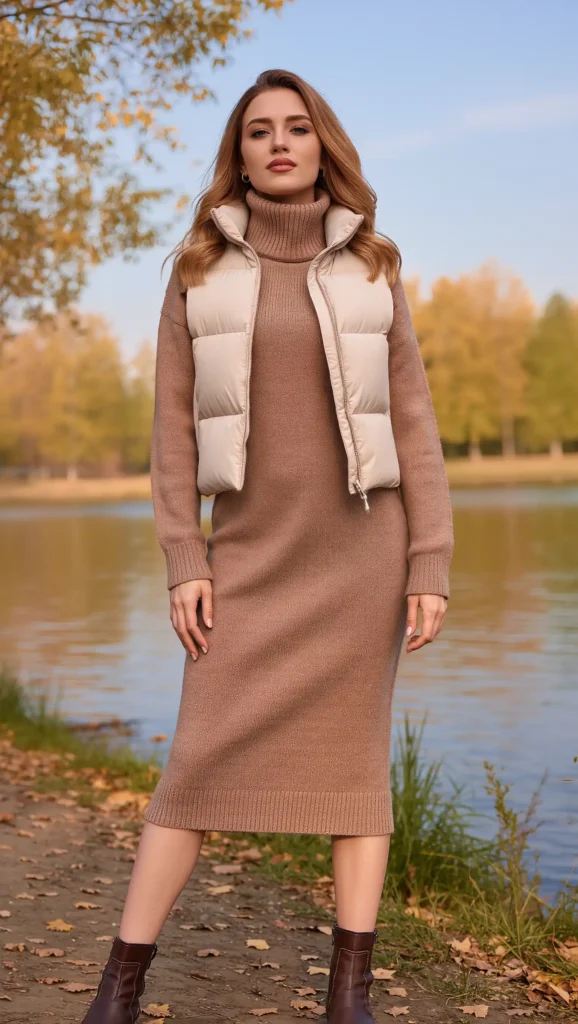 Puffer Vest & Sweater Dress