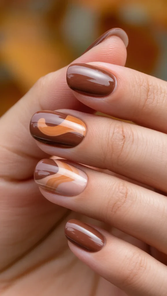 25 Fall Swirl Nail Ideas 2026: Artistic Manicures with a Cozy Autumn Twist 13 Rustic Terracotta Waves