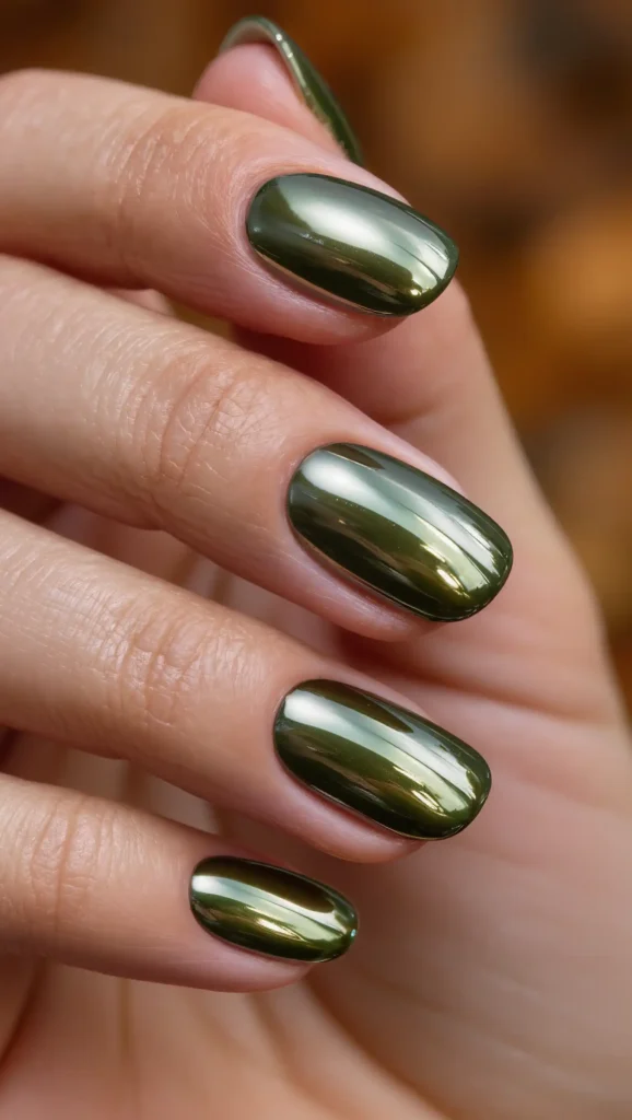 24 Fall Date Night Nails Ideas 2026: Romantic Manicures That Make Every Outfit More Stylish 11 Smoky Olive Chrome