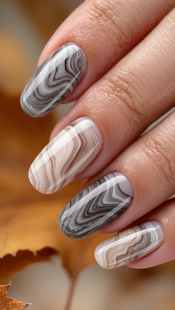 25 Fall Swirl Nail Ideas 2026: Artistic Manicures with a Cozy Autumn Twist 17 Smoky Quartz Flow