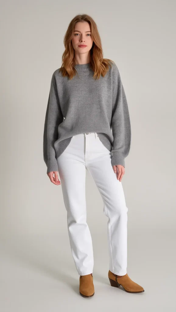 24 Cozy Fall Outfit Ideas 2026: Effortlessly Chic Looks to Wear All Season 25 Soft Gray Sweater & White Jeans