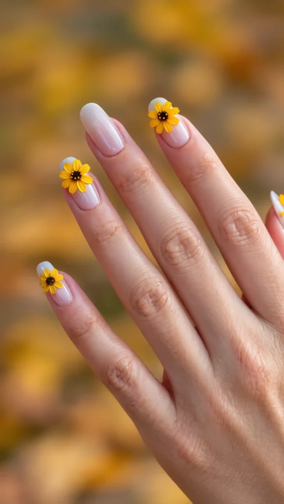 24 Fall Flower Nail Art Ideas 2026: Elegant Floral Manicures Inspired by Autumn Blooms 8 Sunflower Petal Details