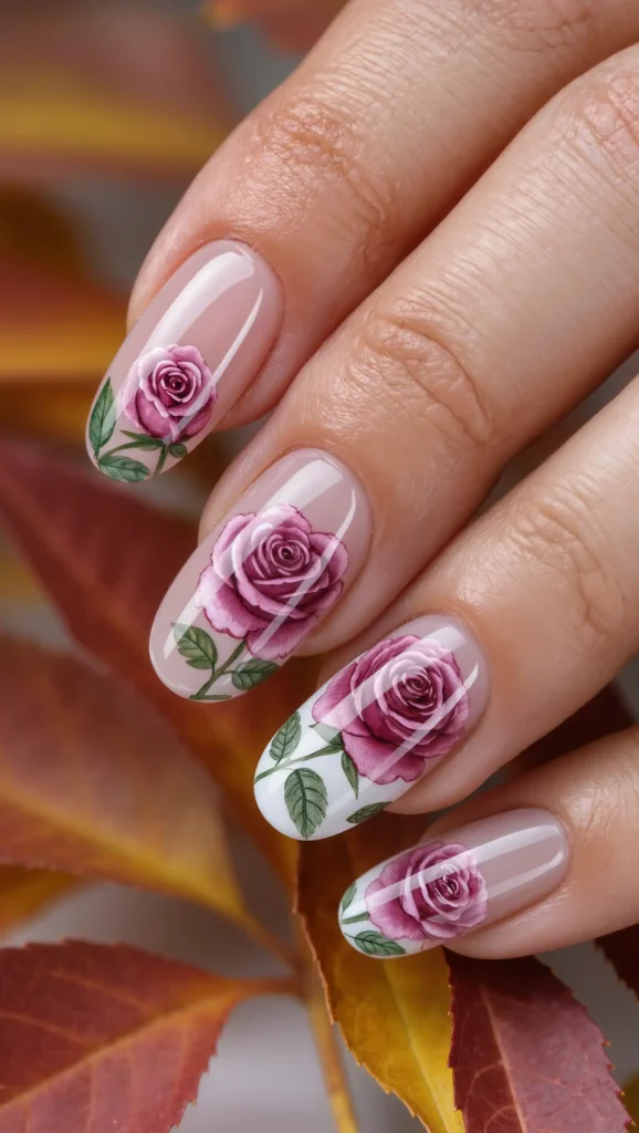 24 Fall Flower Nail Art Ideas 2026: Elegant Floral Manicures Inspired by Autumn Blooms 17 Wine Rose Watercolor