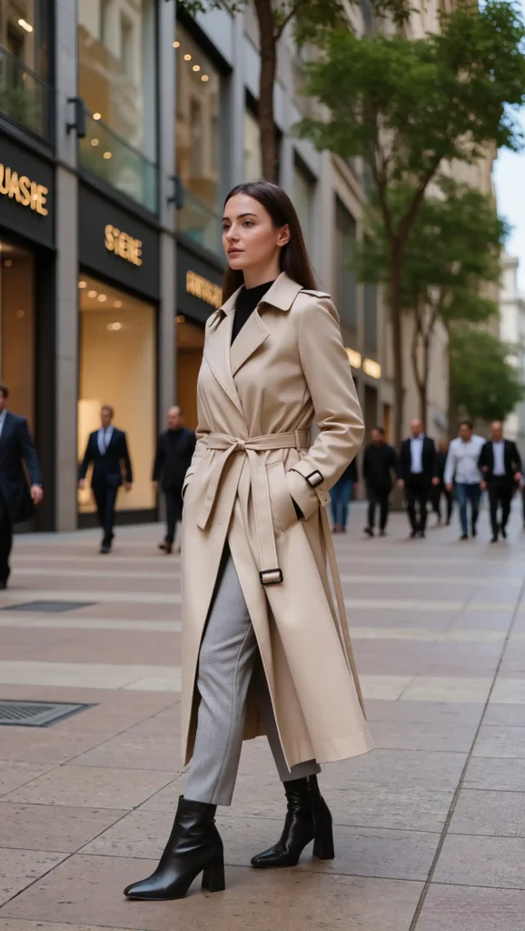 Trench Coat & Block Heel Boots