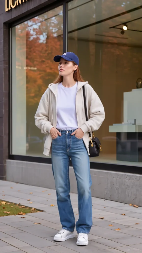 25 Fall Lazy Day Outfits Ideas 2026: Comfy Looks That Still Feel Cute 22 Baseball Cap + Hoodie + Jeans