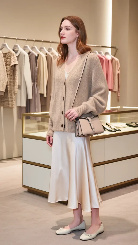25 Fall Vanilla Girl Outfits Ideas 2026: Cozy, Creamy & Effortlessly Chic 3 Beige Cardigan + Satin Midi Skirt