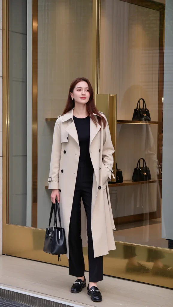 Beige Trench + Black Trousers
