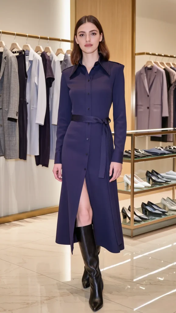 25 Fall Work Outfit Ideas 2026: Polished Office Looks That Blend Style and Comfort 11 Belted Shirt Dress & Knee-High Boots