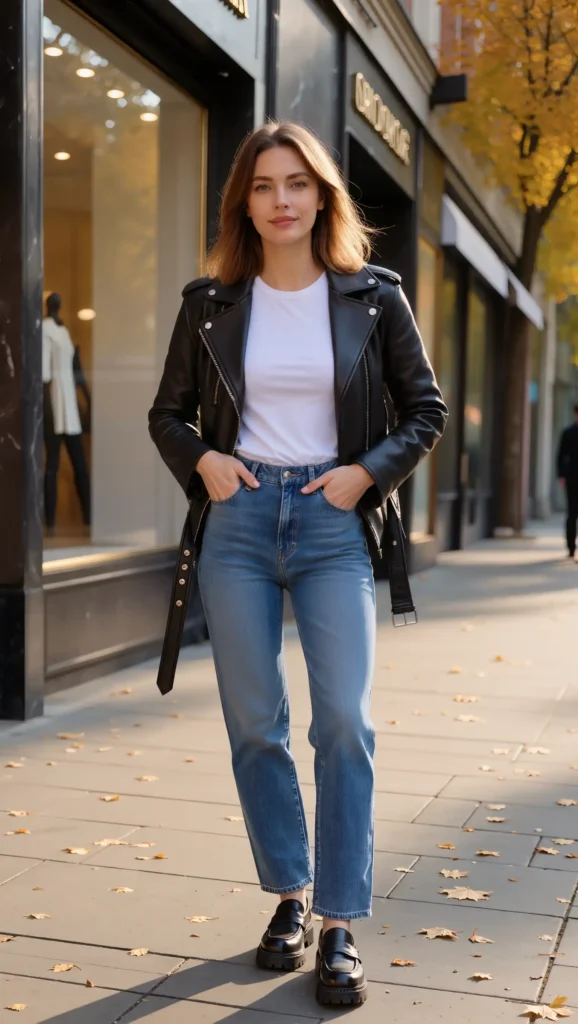 Black Biker Jacket & Straight-Leg Denim