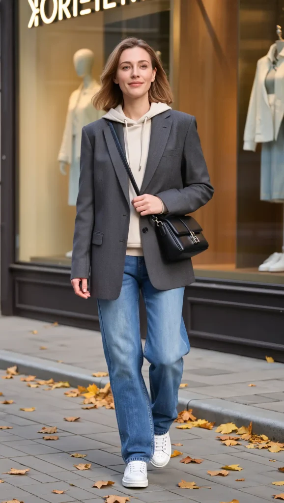 25 Fall Casual Chic Outfits Ideas 2026: Effortless & Polished Autumn Looks 19 Blazer + Hoodie + Jeans