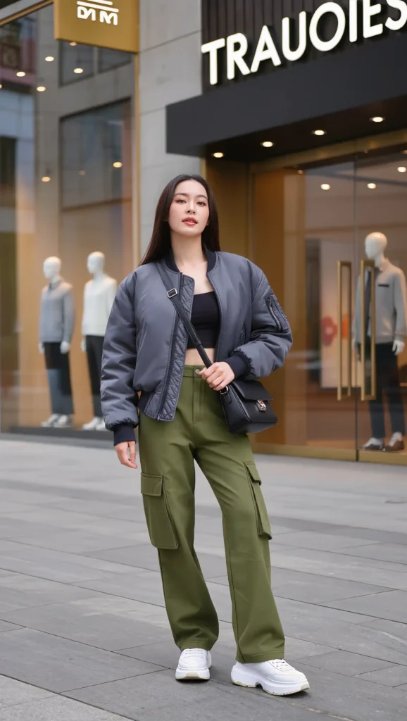 25 Fall Korean Outfit Ideas 2026: Cute, Chic & Effortlessly Trendy Looks 18 Bomber Jacket + Cargo Pants