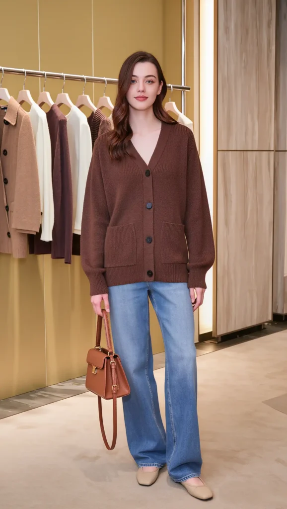 25 Fall Vanilla Girl Outfits Ideas 2026: Cozy, Creamy & Effortlessly Chic 22 Brown Cardigan + Relaxed Denim
