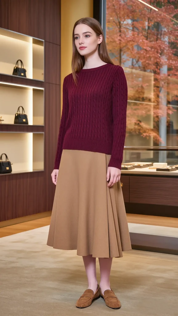 Burgundy Sweater & Camel Skirt