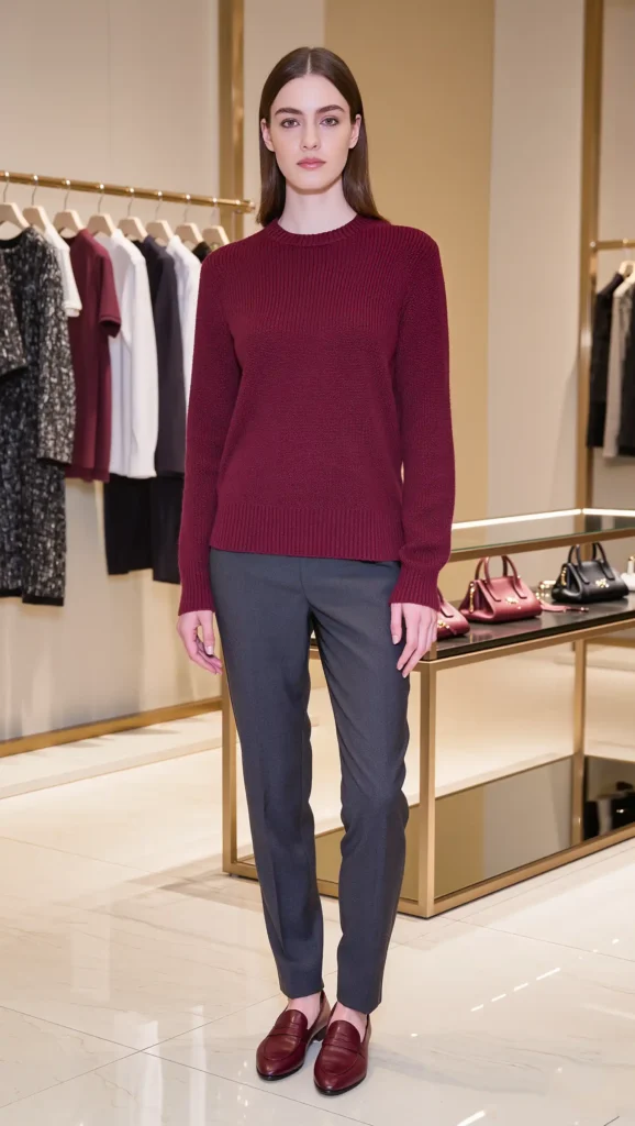 25 Fall Work Outfit Ideas 2026: Polished Office Looks That Blend Style and Comfort 5 Burgundy Sweater & Tailored Pants