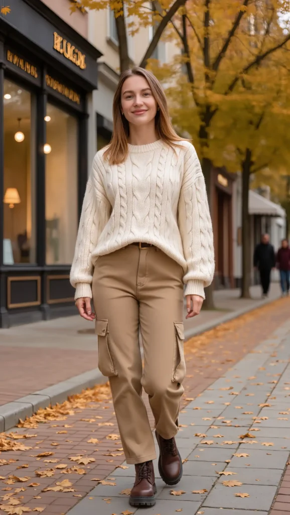 24 Fall Street Style Outfit Ideas 2026: Trendy Looks That Own the Sidewalk 6 Cable-Knit Sweater & Cargo Pants