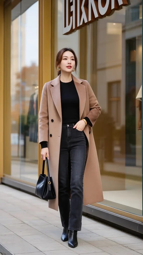 25 Fall Casual Chic Outfits Ideas 2026: Effortless & Polished Autumn Looks 21 Camel Coat + Black Basics