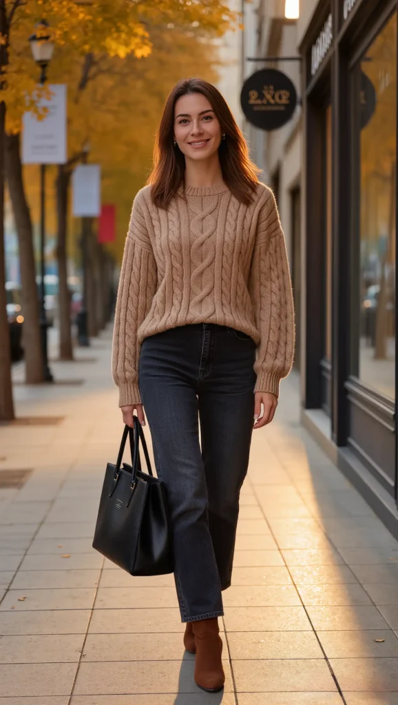 Camel Sweater & Brown Ankle Boots