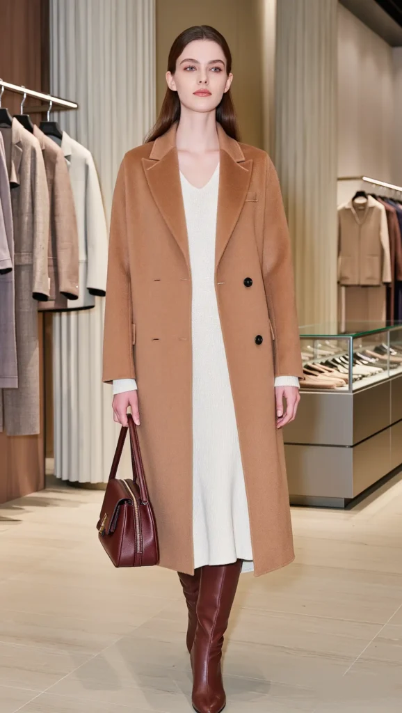 Camel Wool Coat & Ivory Knit Dress