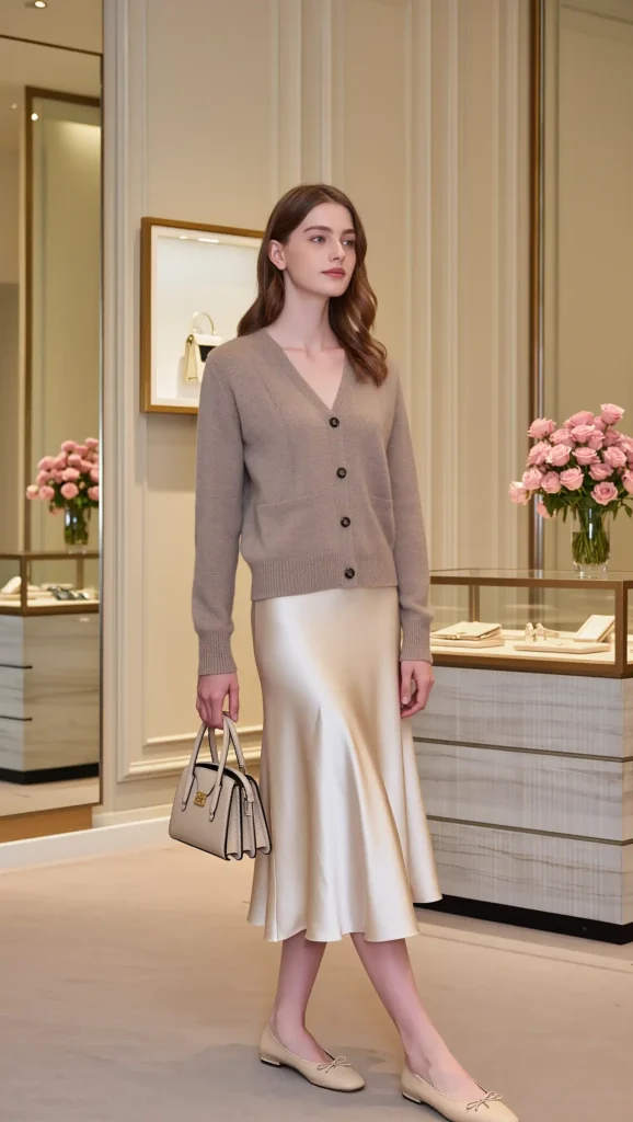 Cardigan + Satin Midi Skirt
