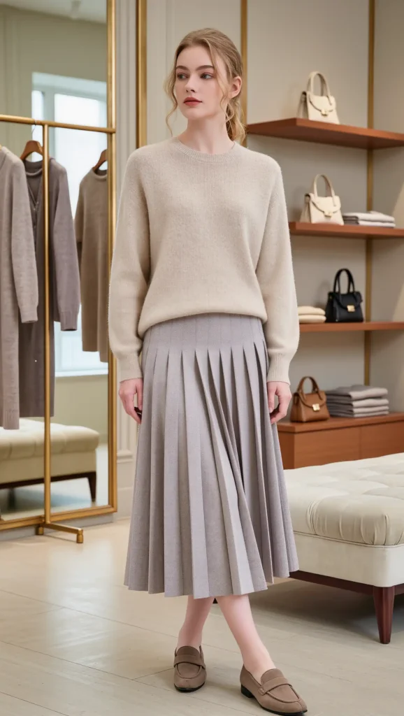 Cashmere Sweater & Pleated Midi Skirt
