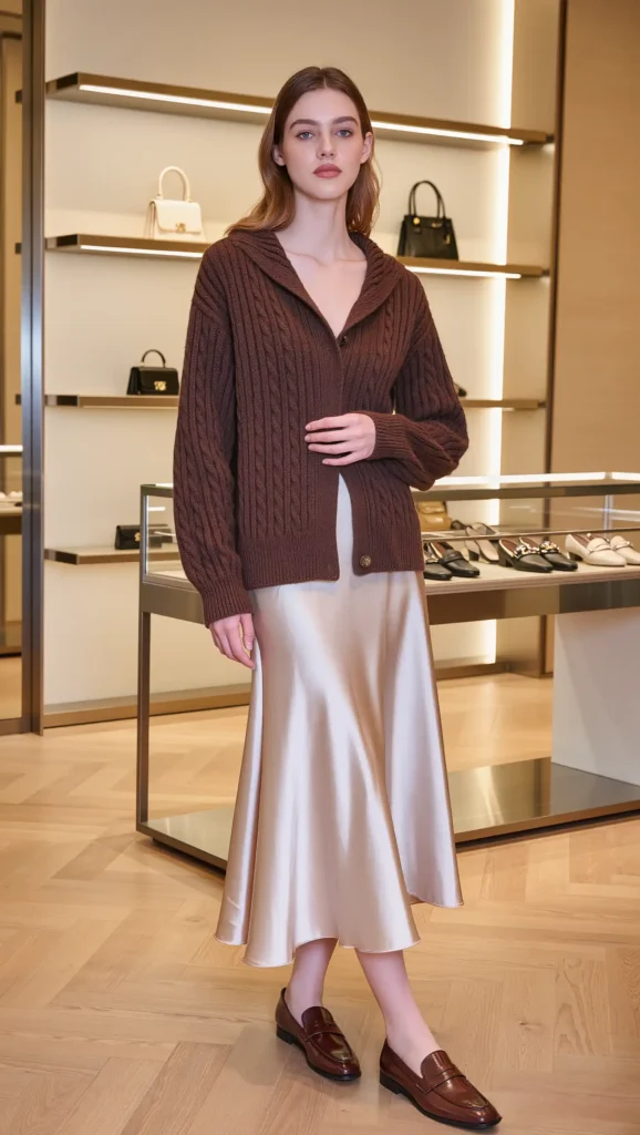 25 Fall Pinterest Girl Outfit Ideas 2026: Aesthetic Looks You'll Want to Save Instantly 5 Chocolate Cardigan & Satin Midi Skirt
