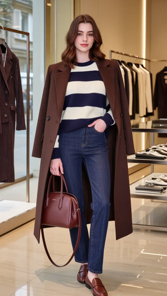 Chocolate Coat + Striped Sweater