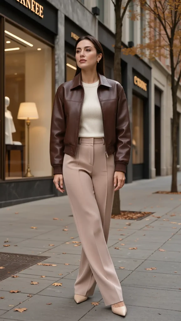Chocolate Leather Bomber & Wide-Leg Trousers