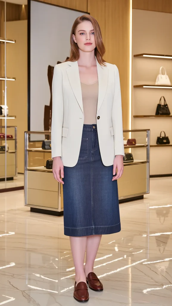 25 Fall Vanilla Girl Outfits Ideas 2026: Cozy, Creamy & Effortlessly Chic 17 Cream Blazer + Denim Skirt