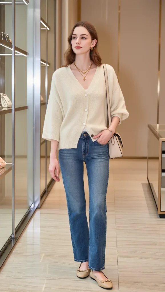 25 Fall Korean Outfit Ideas 2026: Cute, Chic & Effortlessly Trendy Looks 10 Cream Cardigan + Straight-Leg Jeans