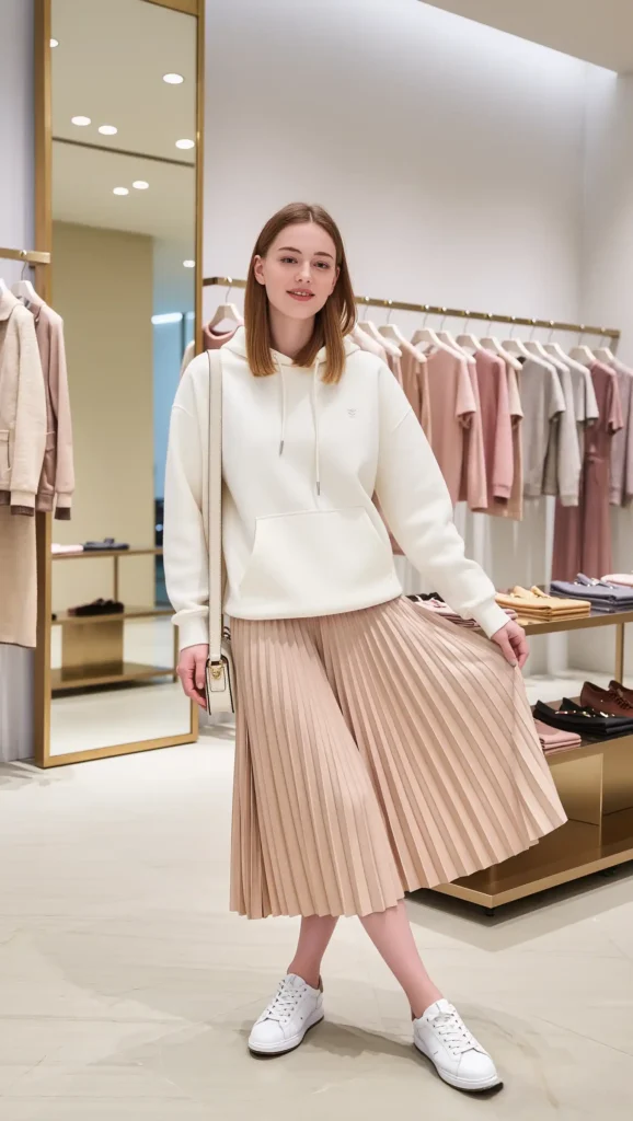 25 Fall Vanilla Girl Outfits Ideas 2026: Cozy, Creamy & Effortlessly Chic 19 Cream Hoodie + Pleated Skirt