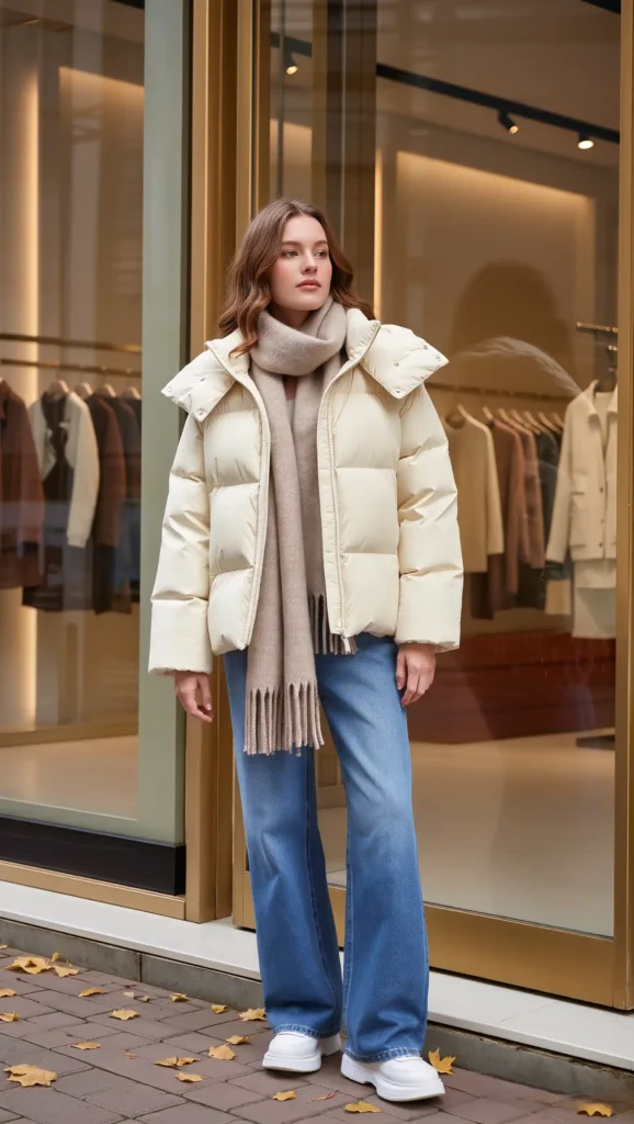 25 Fall Vanilla Girl Outfits Ideas 2026: Cozy, Creamy & Effortlessly Chic 23 Cream Puffer + Wide-Leg Jeans
