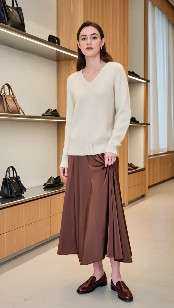 25 Fall Pinterest Girl Outfit Ideas 2026: Aesthetic Looks You'll Want to Save Instantly 18 Cream Sweater & Chocolate Midi Skirt