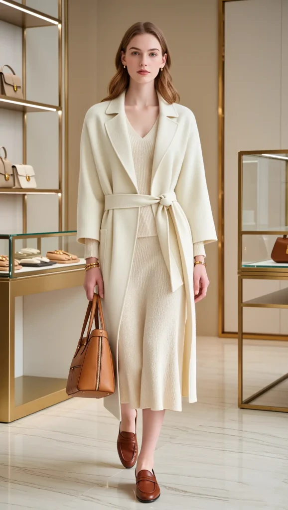 Cream Wrap Coat & Leather Loafers