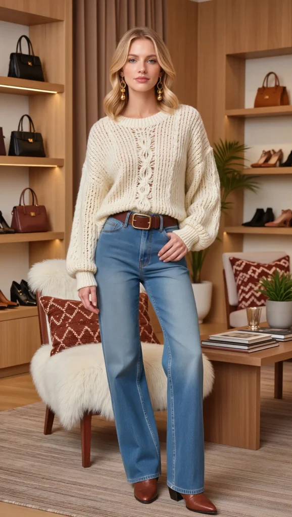 25 Fall Boho Outfit Ideas 2026: Free-Spirited Looks That Feel Effortlessly Chic 3 Crochet Sweater With Wide-Leg Jeans